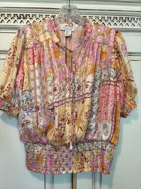 Rachel Zoe Patchwork Floral Tie-Neck Puff Sleeve Blouse — Pink & Yellow